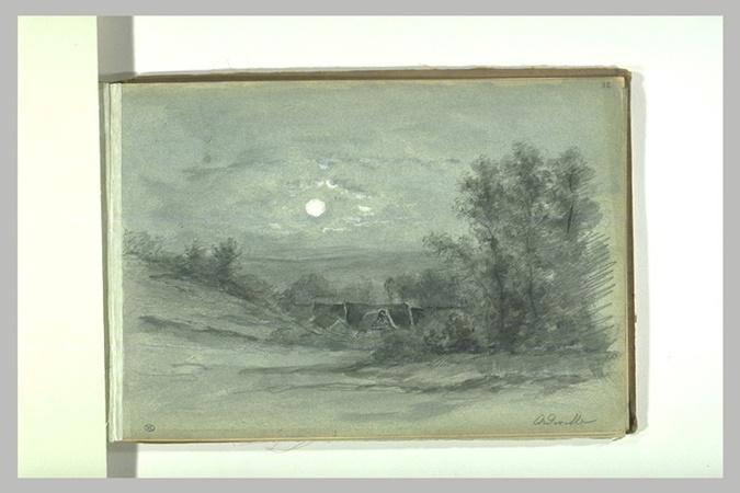 Léonide Bourges - Ferme dans un paysage, un soir de pleine lune