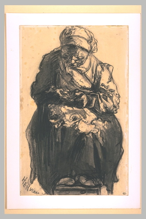 Louise Hervieu - Vieille paysanne assise, de face, en train de coudre