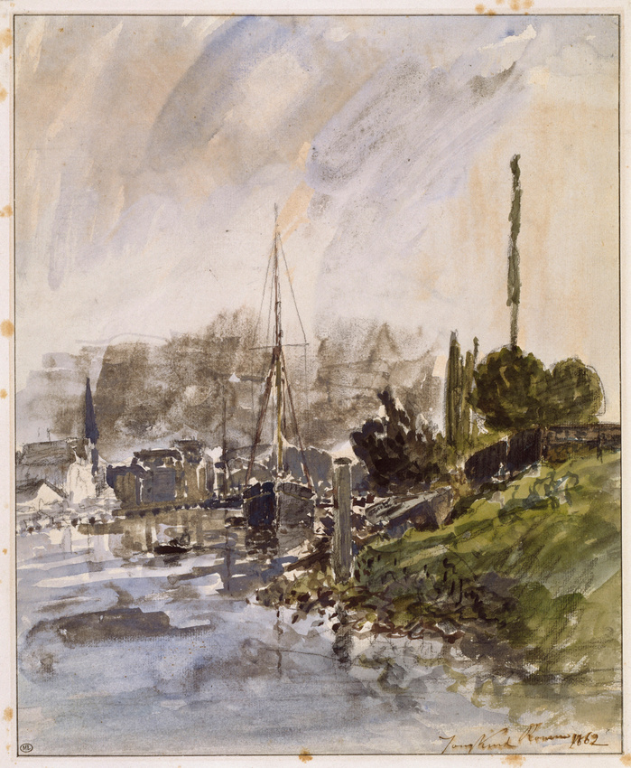 Johan Barthold Jongkind - Le port d'Honfleur à marée basse, avec des bateaux éch...