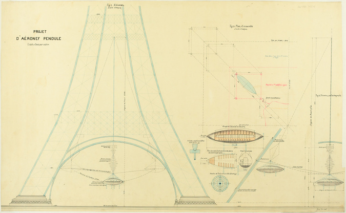 Anonyme - Projet pour un aéronef-pendule suspendu entre les pieds de la Tour Eif...