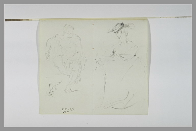 Jean-Baptiste Carpeaux - Homme nu assis ; femme coiffée d'un chapeau ; croquis
