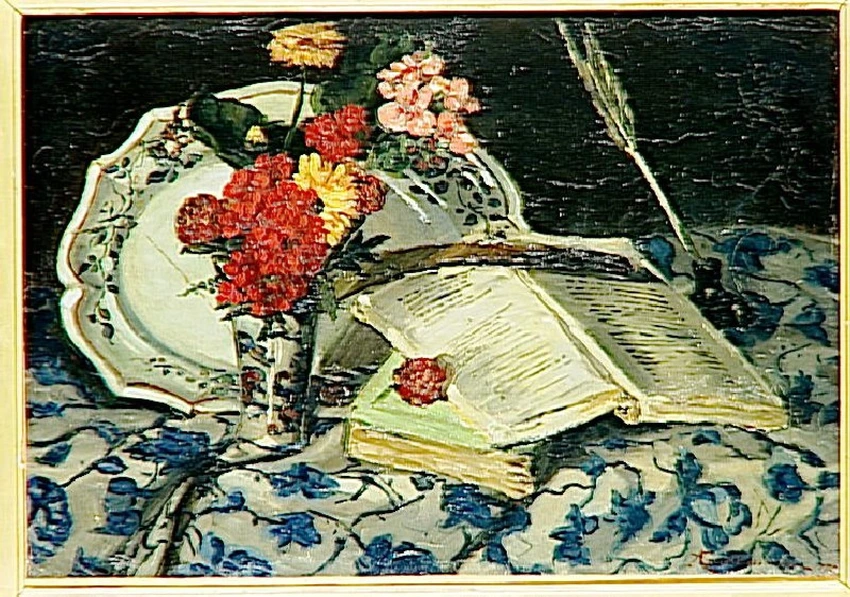 Nature morte : fleurs, faience, livres - Armand Guillaumin