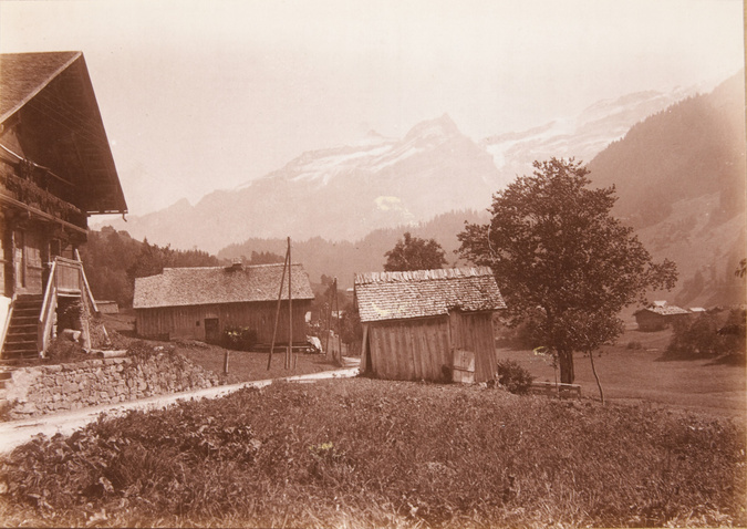 Anonyme - Paysage de montagne, chalets au premier plan