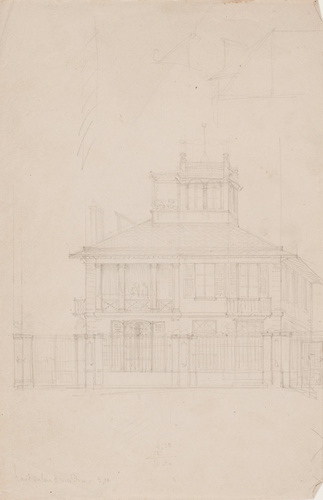 Victor Baltard - Vue d'une maison, élévation avec grille d'entrée et deux person...
