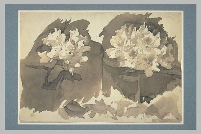 Ernest Quost - Deux fleurs de rhododendron avec feuilles