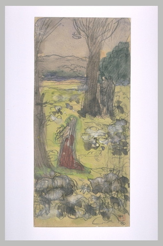 Pierre Puvis de Chavannes - Personnage agenouillé, devant un crucifix, de profil...