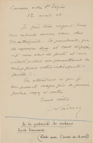 Lettre de Félix Nadar adressée à Montorgueil, envoyée de Cannes (évoque les questions de "L'Intermédiaire" - Nadar