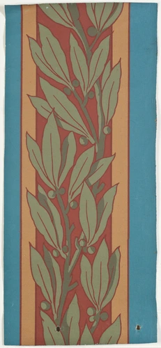 Anonyme - Frise de laurier vert sur fond rayé tricolore rouge, beige et bleu