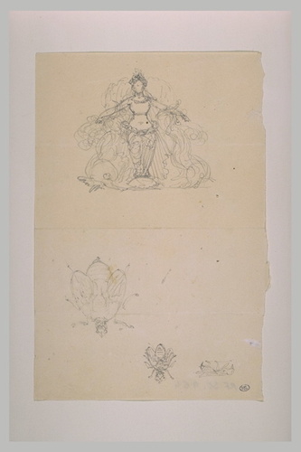 Eugène Guillaume - Figure féminine debout, de face, et trois études d'abeilles