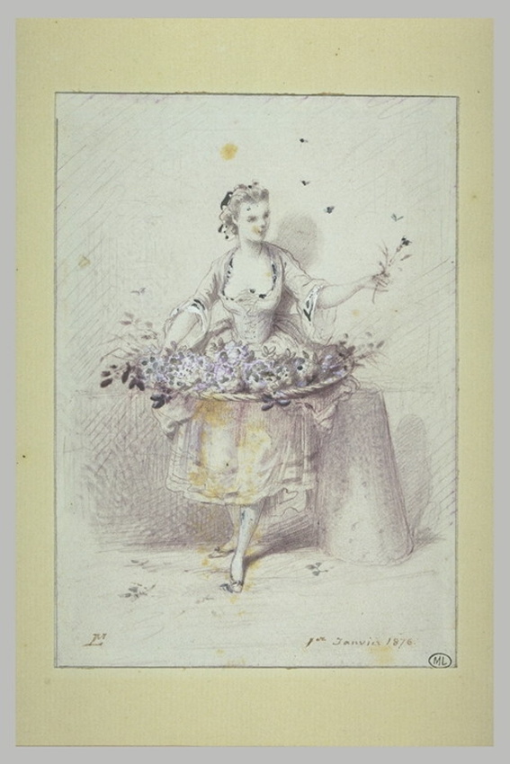 Léopold de Moulignon - Bouquetière en costume Louis XV, debout, son éventaire pe...