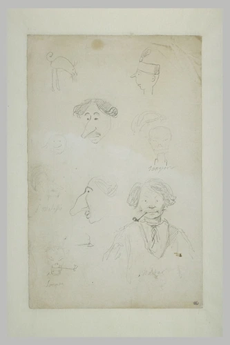 Nadar - Croquis caricaturaux avec huit têtes et un animal et autoportrait
