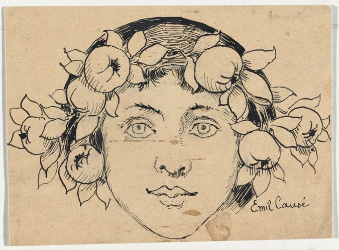 Emile Causé - Dessin d'une tête d'enfant, le visage encadré de fleurs