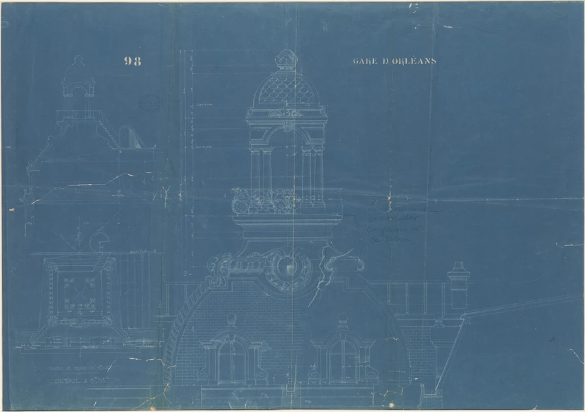 Victor Laloux - Gare d'Orsay, pavillon de l'hôtel et élévation de la toiture et ...