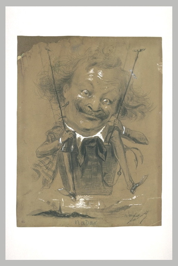 Nadar - Autoportrait charge, planant, assis dans une petite nacelle
