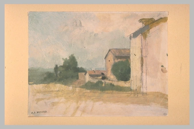 Jean-Jacques Henner - Paysage avec des maisons sur le bord d'une route et des ar...