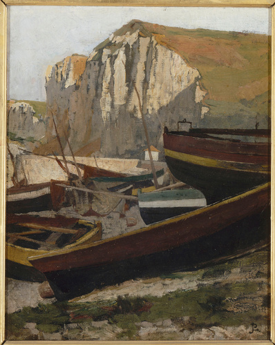 Jean-Paul Laurens - Barques au pied d'une falaise en Normandie