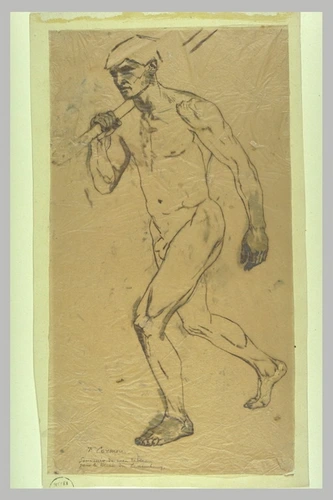 Fernand Cormon - Homme nu, portant un bâton sur l'épaule, marchant