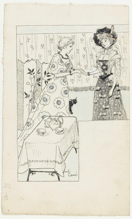Projet de monogramme pour la Revue des Arts Décoratifs (RAD), femme de profil au buste dénudé soutenant une enseigne - Pierre Brun