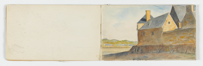 Jean Hugues - Groupe de maisons au bord d'un canal. Au fond, maisons et arbres s...