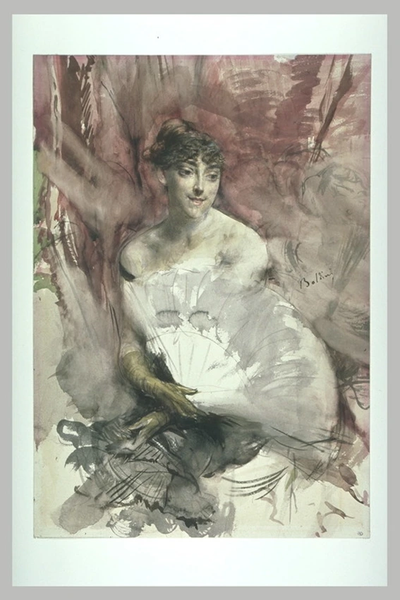 Giovanni Boldini - Femme à l'éventail, assise dans une loge : la comtesse de Ras...