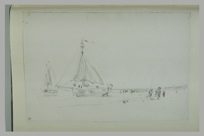Eugène Boudin - Personnages, près de barques au sec, sur une plage