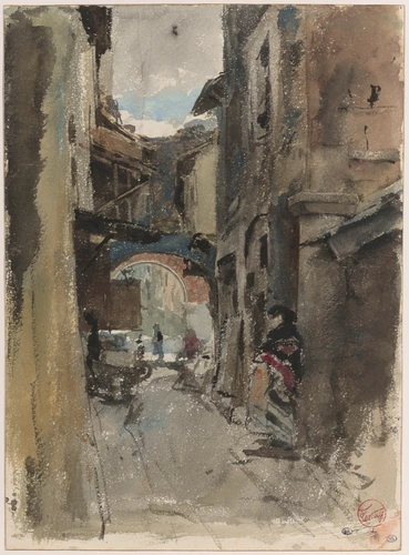 Mariano Fortuny y Marsal - Vicolo à Rome, la ruelle s'enfonce, étroite entre des...