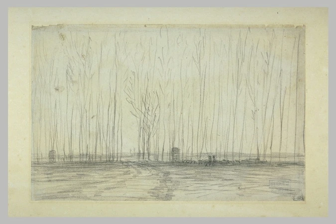 Jean-François Millet - Route, bordée de hauts arbres, au milieu d'une plaine ; a...