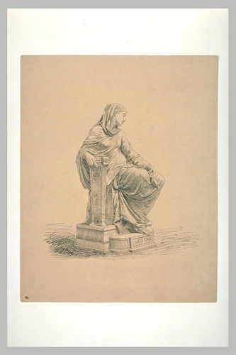 Eugène Aizelin - Femme vêtue à la romaine assise, tenant à la main une petite am...