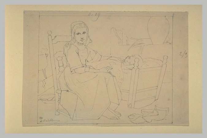 François Alfred Delobbe - Jeune fille assise près d'un berceau