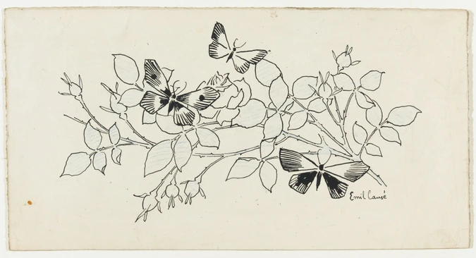 Emile Causé - Petite frise de papillons et branche de rosier
