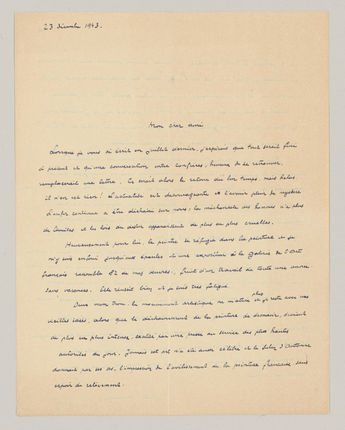 André Devambez - Lettre d'André Devambez à Paul Léon du 23 décembre 1943