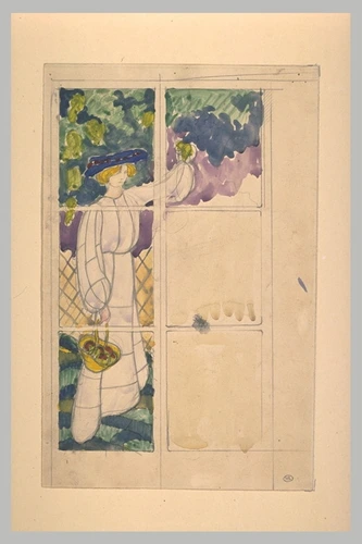 Jean-Emile Laboureur - Projet de vitrail : jeune femme debout sous les arbres, d...