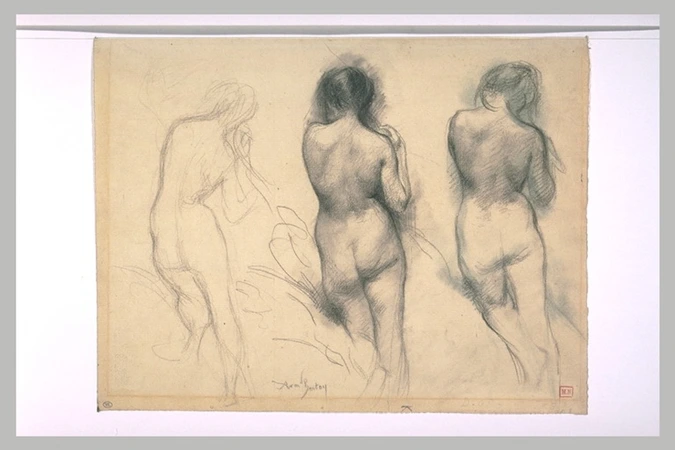 Armand Berton - Trois études d'une femme nue, de dos, debout, tenant sa chevelur...