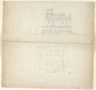 Plan et élévation d'une villa (recto) ; Détail d'une fontaine (verso) - François Garas