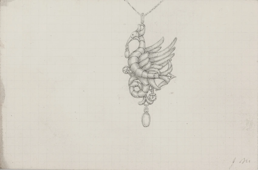 Pendentif oiseau tenant une goutte au bec, goutte en chute - Jeanne de Montigny