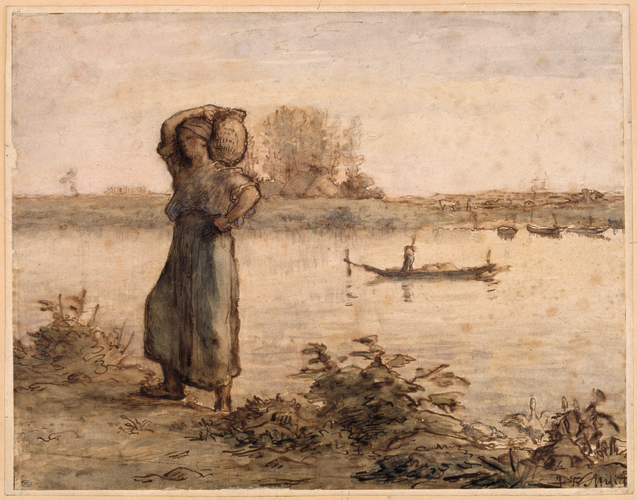 Jean-François Millet - Femme portant une cruche sur l'épaule et remontant la ber...