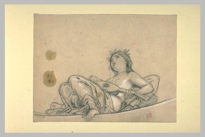 Félix Joseph Barrias - Jeune fille, demi nue, couchée, jouant du luth