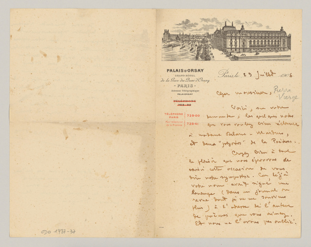 Joseph-Charles Mardrus - Lettre autographe à en-tête de l'hôtel du Palais d'Orsa...