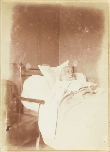 Jeanne Fevre - Degas, très âgé, dans son lit, visage de profil, mains croisées s...