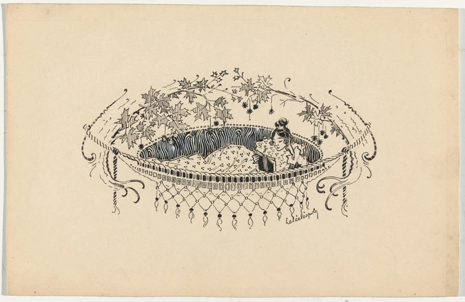 Léopold Lelée - Motif décoratif de forme ovale représentant une jeune femme lisa...