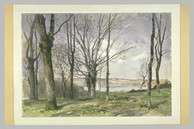 Henri Zuber - Prairie avec des arborée près d'une rivière