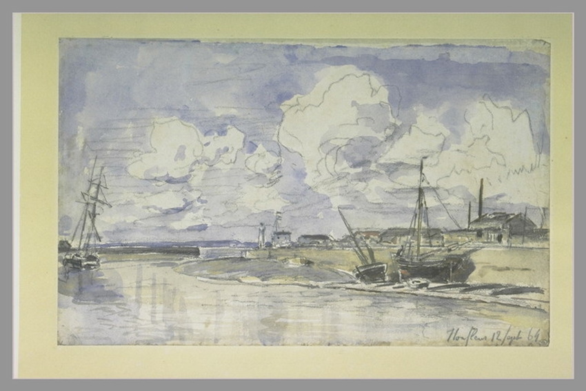 Johan Barthold Jongkind - Le port d'Honfleur à marée basse, avec des bateaux éch...