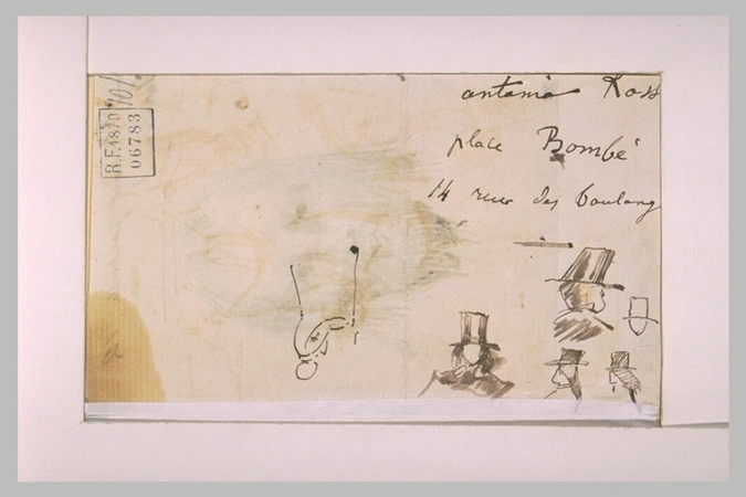 Jean-Jacques Henner - Croquis de chapeaux, d'un homme et annotations manuscrites