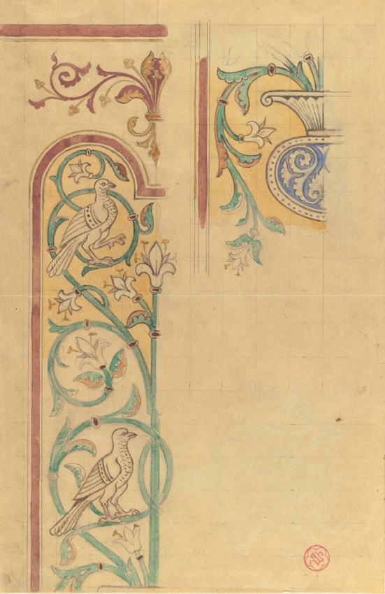 Motif décoratif : rinceaux de lys et de feuilles peuplés d'oiseaux (recto) ; Deux motifs décoratifs (verso) - Eugène Viollet-le-Duc