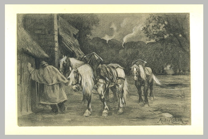 André Colin - Homme rentrant à l'écurie trois chevaux de labour