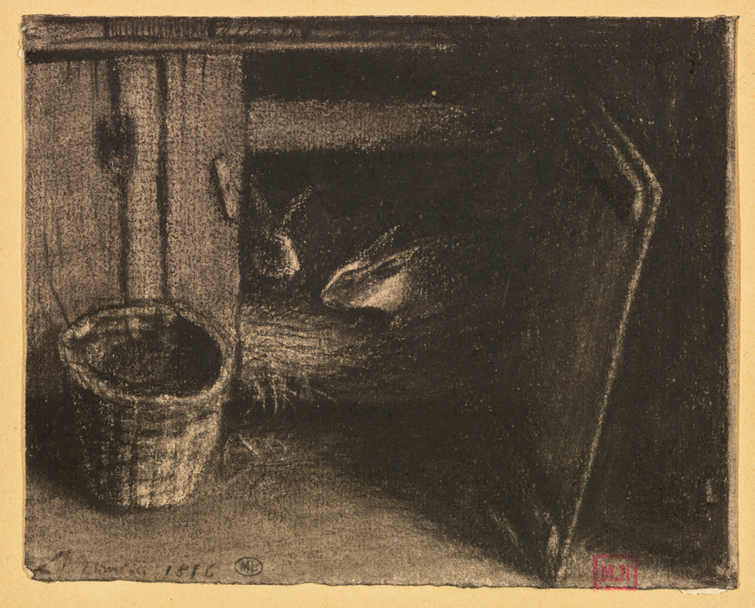 Léon Bonvin - Une cabane à lapins avec deux lapins