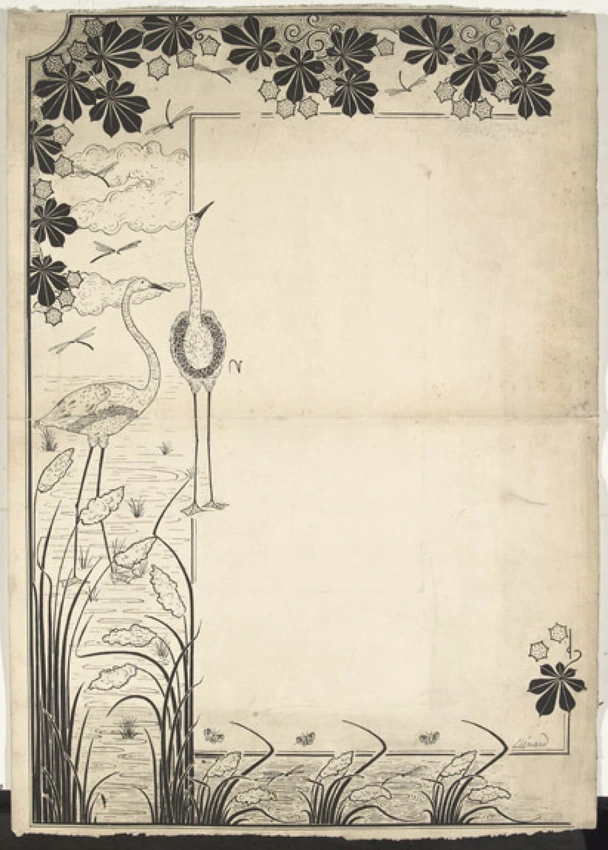 Encadrement de page composé dans le haut d'un motif végétal, sur le côté de deux hérons, de libellules et de nuages stylisés, en bas d'un motif de joncs, de libellules et de papillons - Michel Liénard