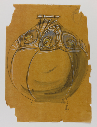 Lucien Bonvallet - Modèle de vase rond à décor de plumes de paon, esquisse de va...