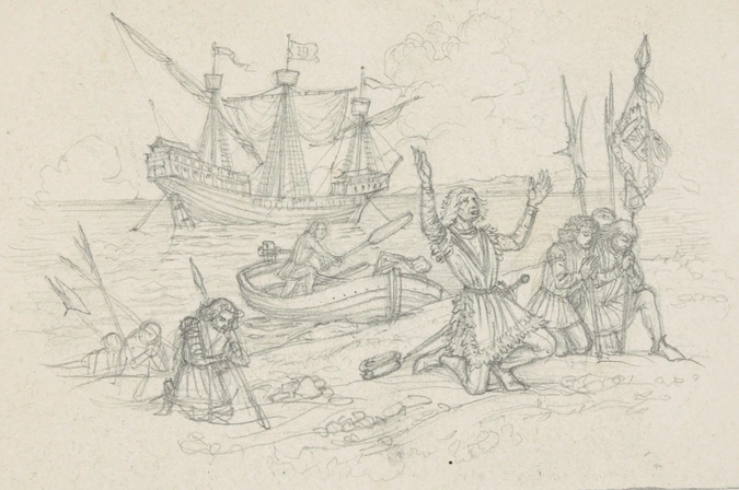 Scène de débarquement de chevaliers (costumes renaissance ou moyen-âge) egnouillés en prière sur la grève, vaisseau à voile sur la mer - Eugène Grasset