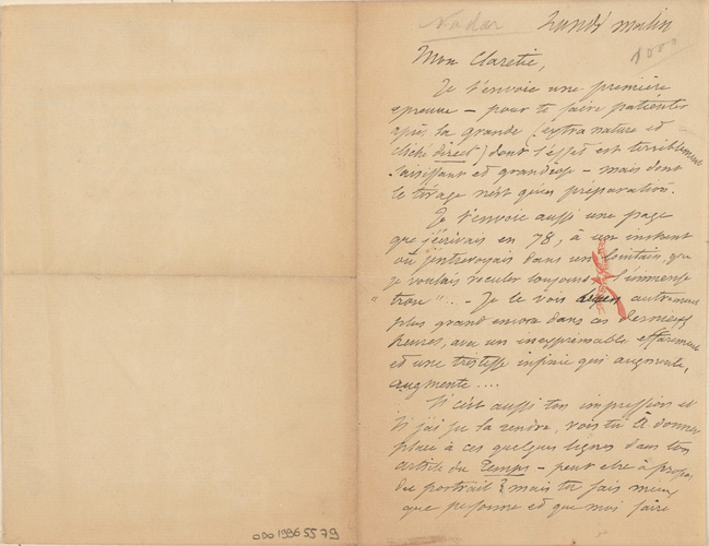 Nadar - Lettre de Félix Nadar adressée à Claretie